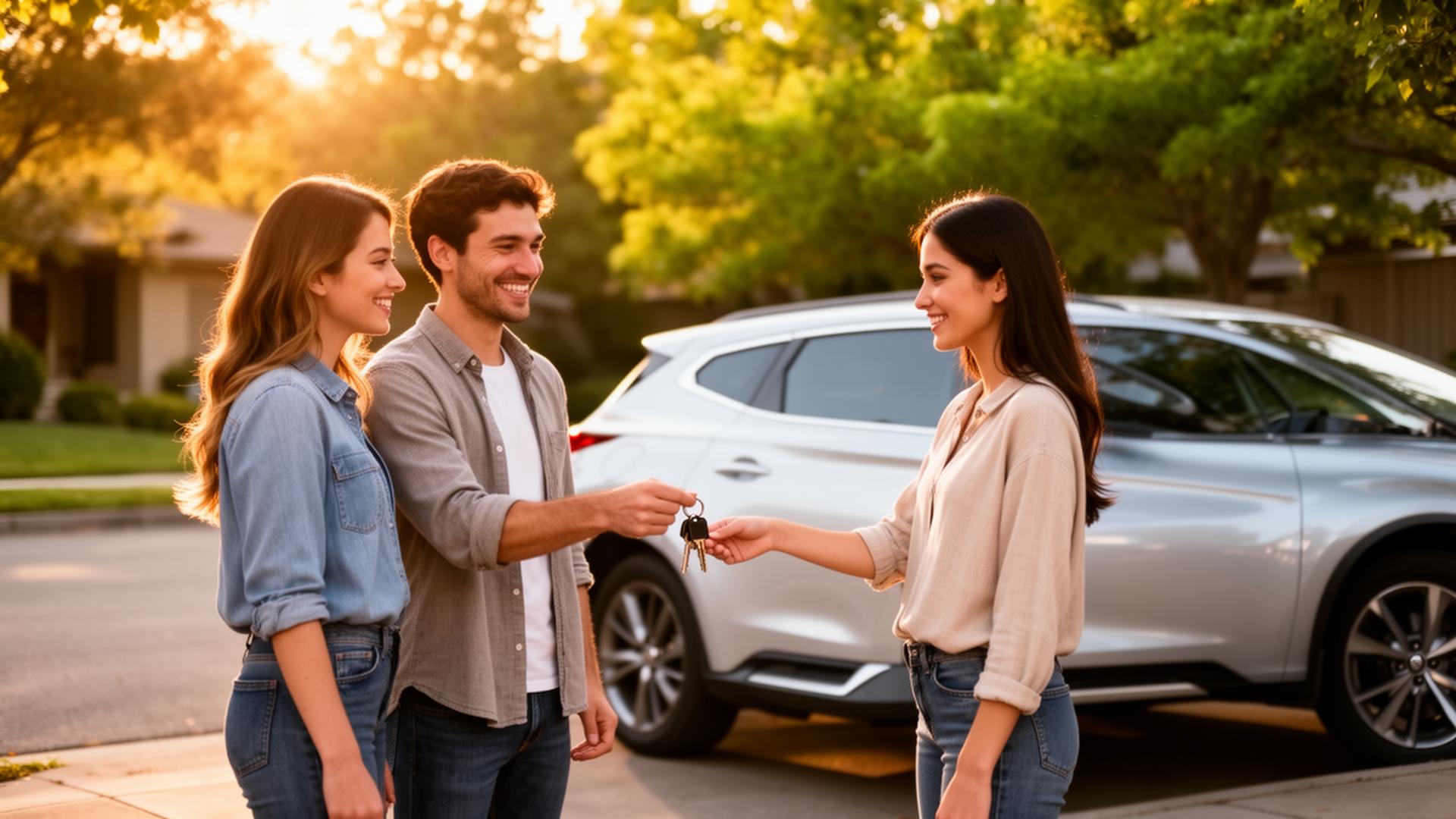 A car host hands keys to a guest in front of a silver SUV on a sunlit street